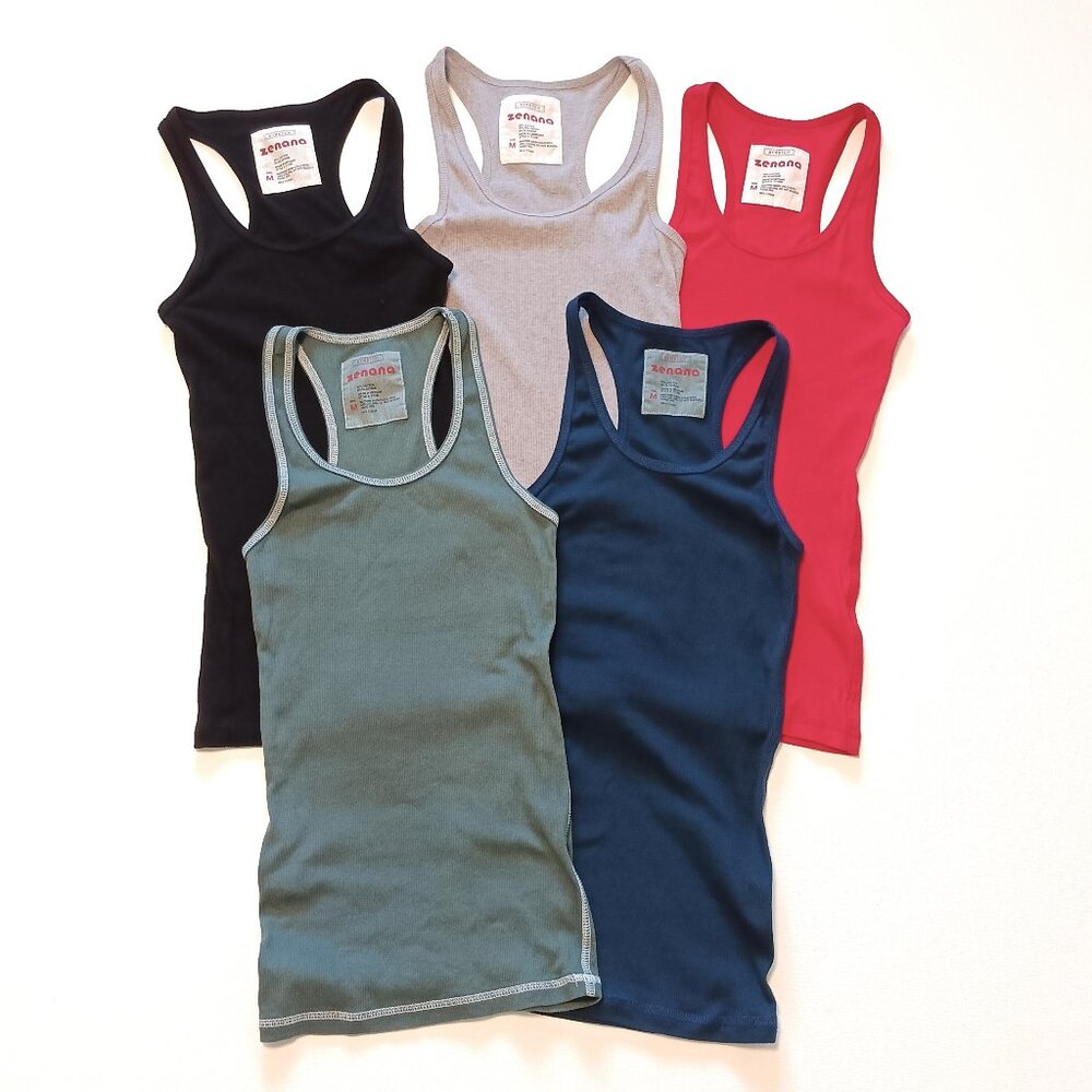 Bundle Lot - 5 Racerback Ribbed Cotton Spandex Tank Tops - Excellent Condition